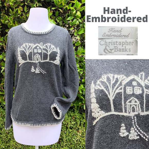 Christopher & Banks Sweaters - Christmas Sweater Hand Embroidery Beaded Fall Winter Holiday Party Snow Ski Cozy